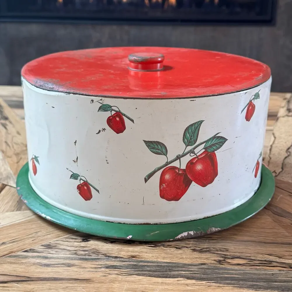 Vintage Decoware Tin Cake Carrier 1950s Metal Keeper Apple Litho Mid Century